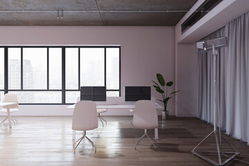 Modern office interior with furniture, curtain, window with city view and wooden flooring. 3D Rendering.