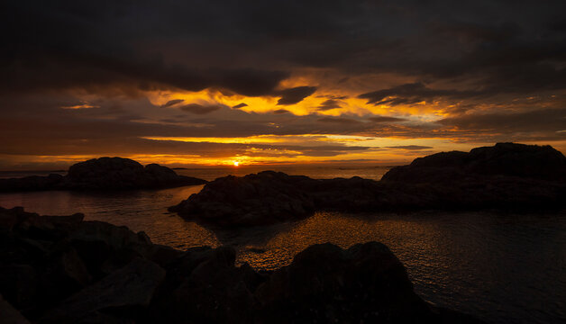 Rocky coastline at sunset, Nyksund, Langoya, Vesteralen, Oksnes, Nordland, Norway