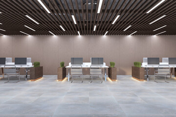 Contemporary beige coworking office interior with furniture and plant partitions. 3D Rendering.