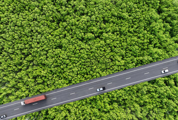 Aerial top view of car and truck driving on highway road in green forest. Sustainable transport. Drone view of hydrogen energy truck and electric vehicle driving on asphalt road through green forest. - obrazy, fototapety, plakaty