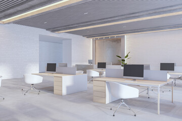 Modern bright coworking office interior with furniture and daylight. 3D Rendering.