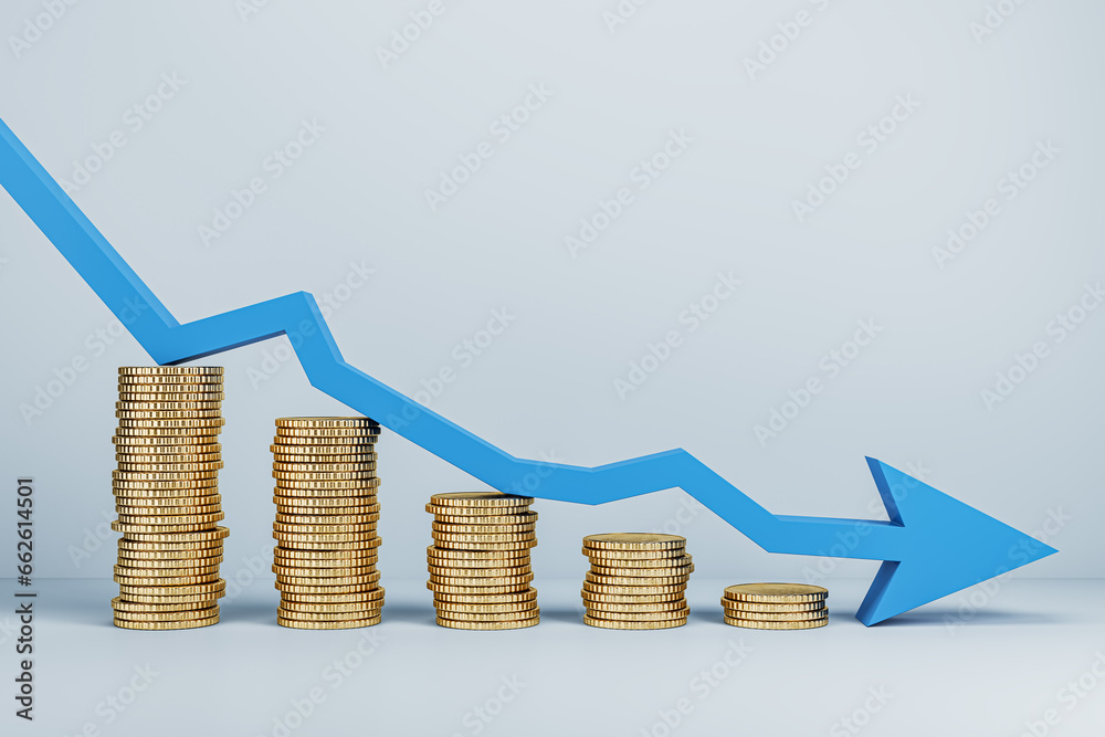 Poster falling golden coins chart with blue downward arrow in light interior. financial loss and failure co