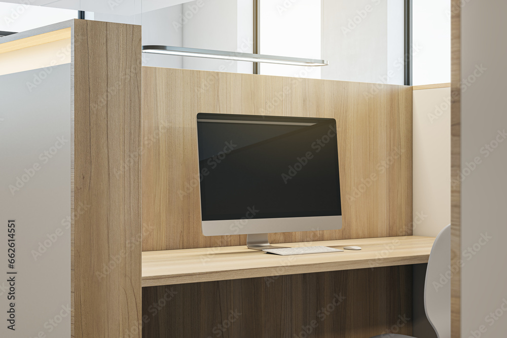 Poster Close up of partitioned wooden workplace with empty computer screen and mock up place. 3D Rendering.