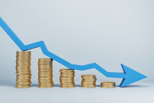 falling golden coins chart with blue downward arrow in light interior. Financial loss and failure concept. 3D Rendering.