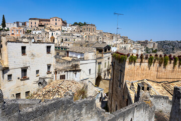 MATERA, ITALY, JULY 18, 2022 - Wide panoramic view of the stones of Matera, 