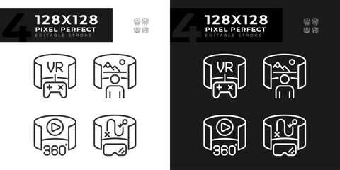 2D pixel perfect light and dark icons set representing VR, AR and MR, editable thin linear illustration.