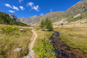 The picturesque valley with stream in the Maritime Alps in the municipality of Vinadio, province of Cuneo, Piedmont, Italy