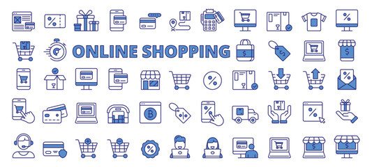 Online shopping vector icons in line design blue. Shopping, Cart, Bag, Online, Buy, Sale, Retail, E-commerce, Payment, icons isolated on white background vector.