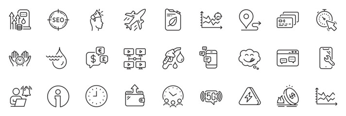 Fototapeta na wymiar Icons pack as Plane, Safe time and Timer line icons for app include Browser window, Hydroelectricity, 5g wifi outline thin icon web set. Journey, Seo, Canister pictogram. Card. Vector