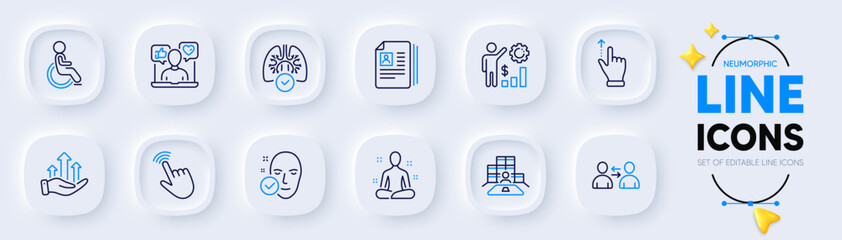 Disability, Growth chart and Social media line icons for web app. Pack of Yoga, Employees wealth, Inventory pictogram icons. Communication, Health skin, Touchscreen gesture signs. Cursor. Vector
