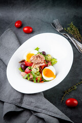 salad with soft-boiled egg, tuna, green onions, boiled potatoes, side view