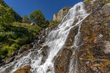 View of Pisciai waterfall in the municipality of Vinadio, province of Cuneo, Piedmont, Italy.