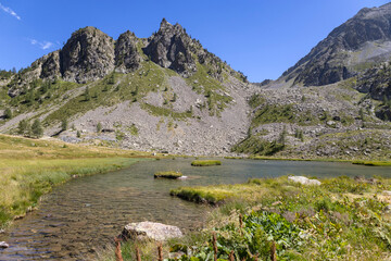The lower lake of the Ischiator in the Maritime Alps in the municipality of Vinadio, in the...