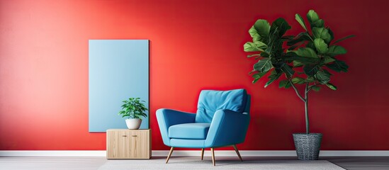 Colorful living room interior with red chair blue carpet couch ficus and posters With copyspace for text