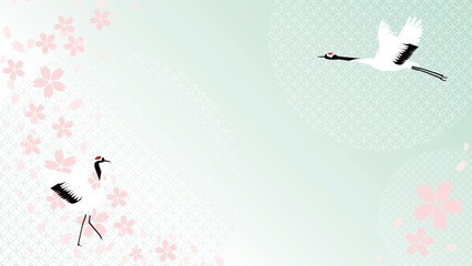 鶴と桜がモチーフの和柄のキュートなおめでたい背景フレームイラスト - obrazy, fototapety, plakaty