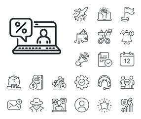 Discount sign. Salaryman, gender equality and alert bell outline icons. Online loan percent line icon. Credit percentage symbol. Online loan line sign. Spy or profile placeholder icon. Vector
