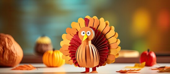 Create children s art with DIY pumpkin turkey for Thanksgiving Day With copyspace for text - obrazy, fototapety, plakaty