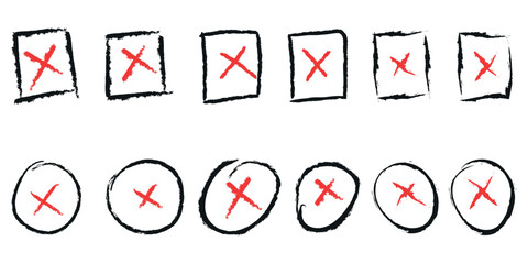 Vector scribble pen doodle hand drawn underlines, check boxes. Grunge sketch tick boxes, cross marks, highlights, lines, rectangles, circles and arches. Cross mark with box and circle frame.