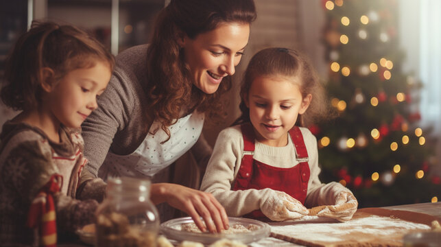 Mom And Kids Cooking For Christmas