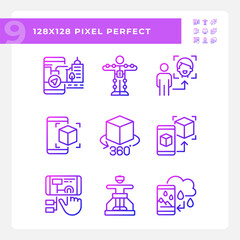 Pixel perfect gradient icons set of VR, AR and MR, thin linear illustration.