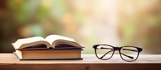 glasses and books on table With copyspace for text