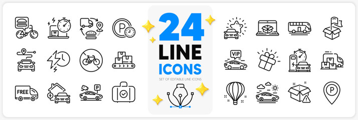 Icons set of Bicycle prohibited, Delivery warning and Delivery online line icons pack for app with Air balloon, Journey, Gift thin outline icon. Home charging, Carry-on baggage. Vector