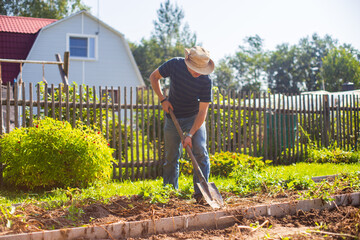 The farmer digs the soil in the vegetable garden. Preparing the soil for planting vegetables. Gardening concept. Agricultural work on the plantation