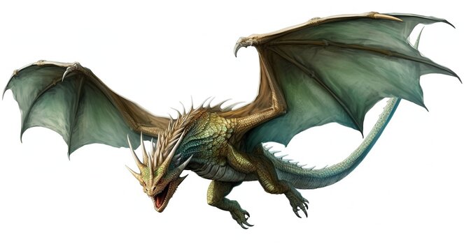 Fantasy Dragon. Ferocious monster. Vicious dragon flying in the white background. Digital illustration