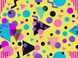 80s seamless pattern with geometric shapes in memphis style. Circles and triangles. Colorful abstract background for printing on promotional items, banners and wrapping paper. Vector illustration