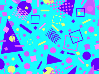 Geometric seamless pattern with memphis elements in 80s style. Colorful geometric pattern. Design of promotional products, wrapping paper and printing. Vector illustration