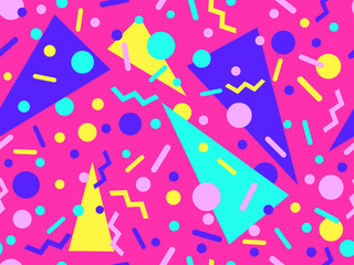 Geometric seamless pattern with memphis elements in 80s style. Colorful geometric pattern. Design of promotional products, wrapping paper and printing. Vector illustration