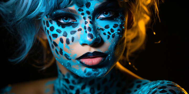 Closeup of a woman with blue paint dots over her face