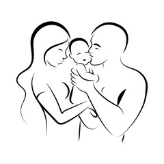 Happy family, father and mother hold a baby in their arms. Outline vector illustration. For front cover, print, logo, etc