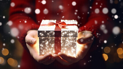 AI Generated magic giftbox twinkling holding on hand of Santa Claus with snow flakes.