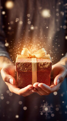 AI Generated magic giftbox twinkling holding on hand of Santa Claus with snow flakes.