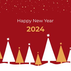 Happy New Year 2024. Greeting card on red background with Christmas trees white and gold, snowflakes in modern minimalist style. 2024 year. Vector illustration