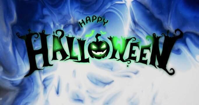 Animation of happy halloween text and blue and white smoke background