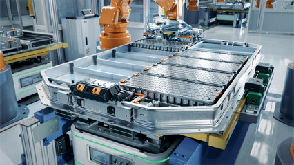 EV Battery Pack on Production Line Equipped with Robot Arms inside Modern Factory. Battery for Automotive Industry. Lithium-ion High-voltage Battery for Electric Vehicle or Hybrid Car Manufacturing - obrazy, fototapety, plakaty