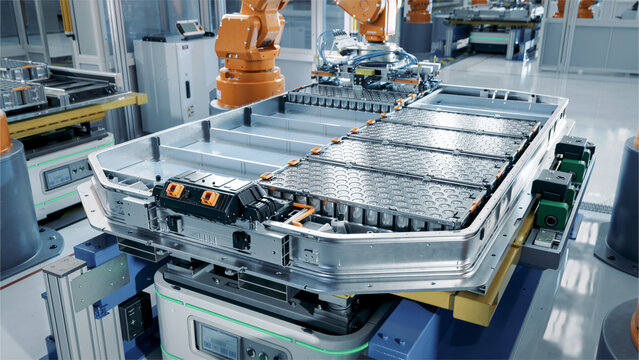 EV Battery Pack on Production Line Equipped with Robot Arms inside Modern Factory. Battery for Automotive Industry. Lithium-ion High-voltage Battery for Electric Vehicle or Hybrid Car Manufacturing
