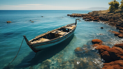 Obraz premium Aerial view of a wooden fishing boat in the sea, Greece
