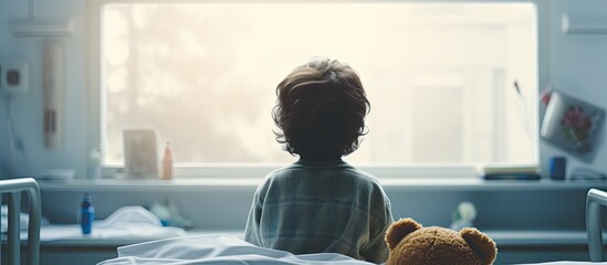 Frightened boy holding teddy bear with IV sitting on hospital bed looking out window in pediatric clinic With copyspace for text - obrazy, fototapety, plakaty