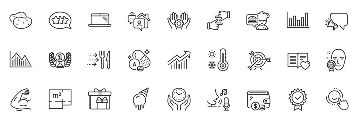 Icons pack as Click hands, Chef and Target line icons for app include Strong arm, Smile, Floor plan outline thin icon web set. Face verified, Vitamin a, Food delivery pictogram. Vector