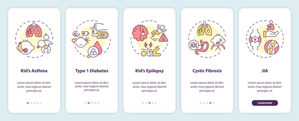2D icons representing parenting children thin line mobile app screen set. Walkthrough 5 steps multicolor graphic instructions with thin line icons concept, UI, UX, GUI template.