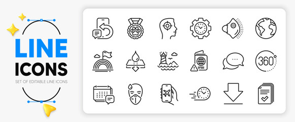 Flight mode, Downloading and Lgbt line icons set for app include Phone message, Handout, Lighthouse outline thin icon. World planet, 360 degrees, Recruitment pictogram icon. Dots message. Vector - obrazy, fototapety, plakaty