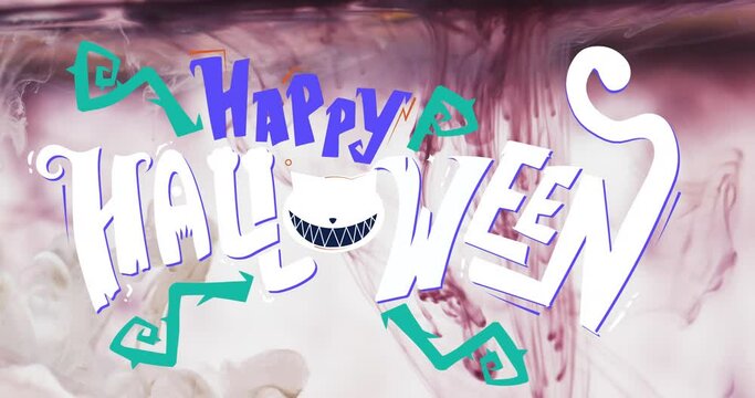 Animation of happy halloween text and cat over white background