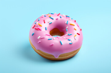 Pink donut with glaze on blue background