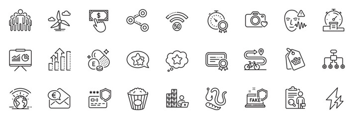 Icons pack as Voice wave, Fake internet and Presentation line icons for app include Restructuring, Star, Photo camera outline thin icon web set. Share, Popcorn, Sale tag pictogram. Worms. Vector