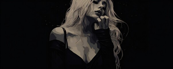 Wrawing of a woman, dark aesthetic, clean lineart, blonde goddess, tall thin, white on black, empty copy space Generative AI
