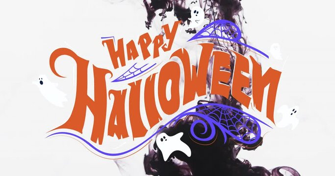 Animation of happy halloween text over black and white background