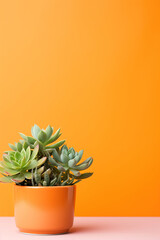 minimalistic orange background with succulents, with empty copy space